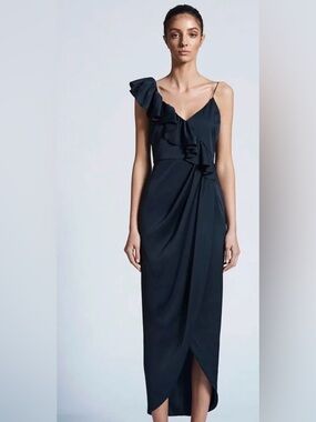 Shona Joy Black One-Shoulder Ruffle Midi Dress